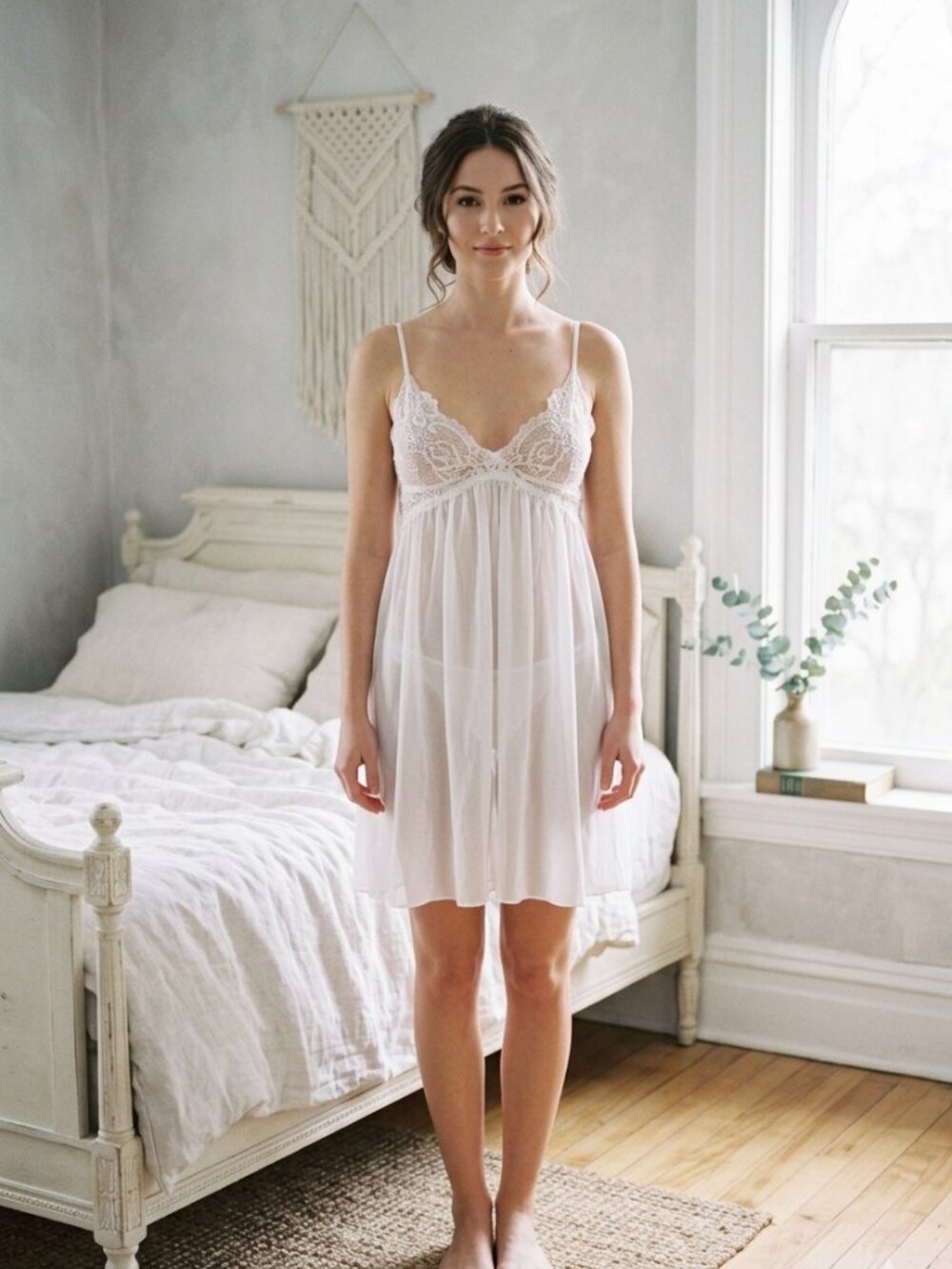In Bloom by Jonquil White Lace Sheer Chiffon Bridal Babydoll Chemise - Small